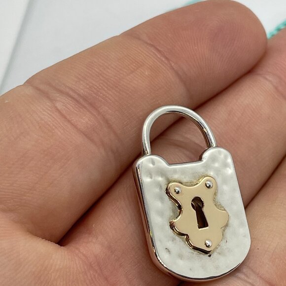 Tiffany & Co Silver & 18K Rose Gold Mini Hammered Oval Lock Key Charm Pendant - Picture 8 of 12